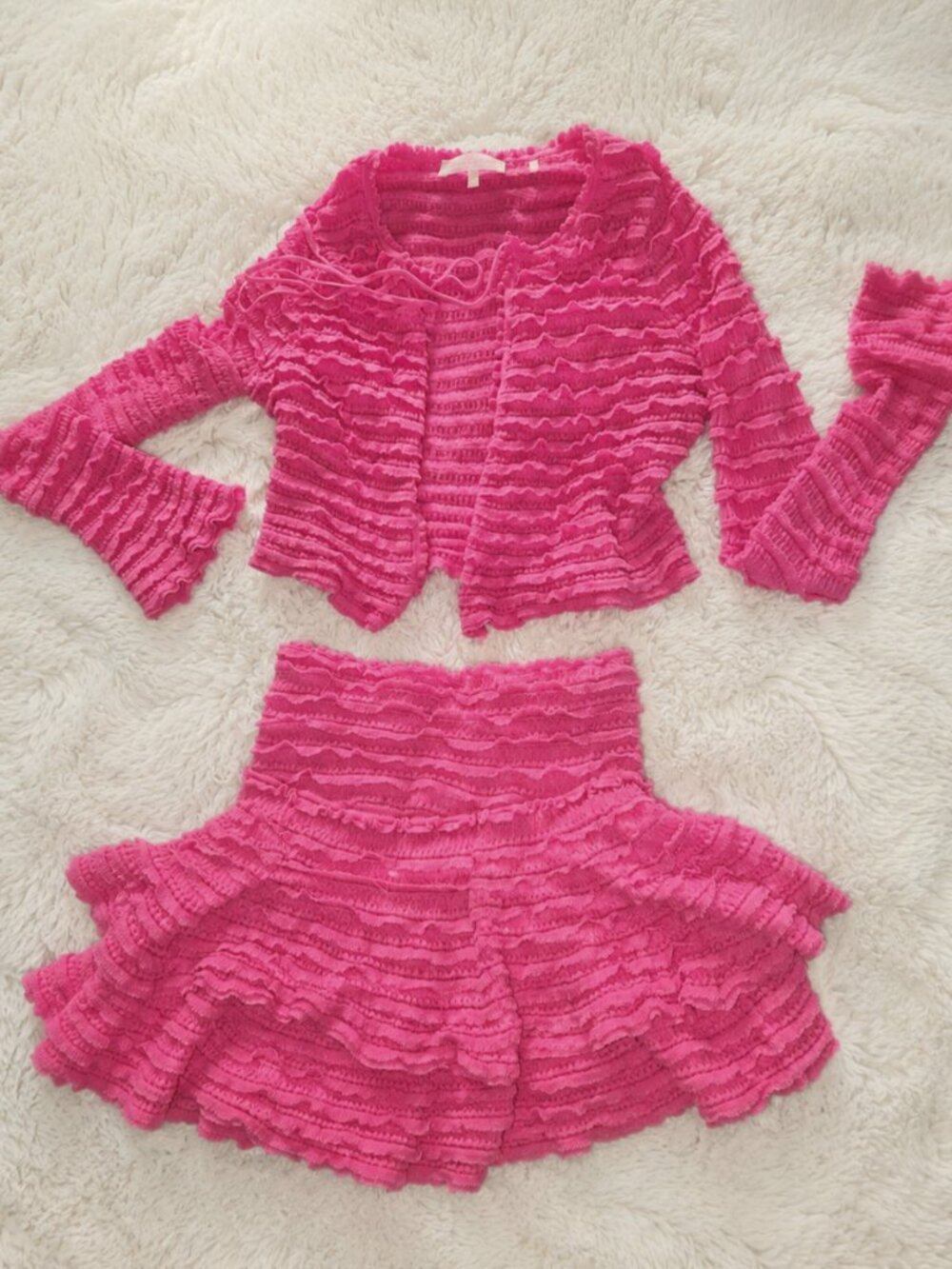 LoveShackFancy Pink Ruffle Knit Set | Cardigan & Skort | XS Top / S Bottom